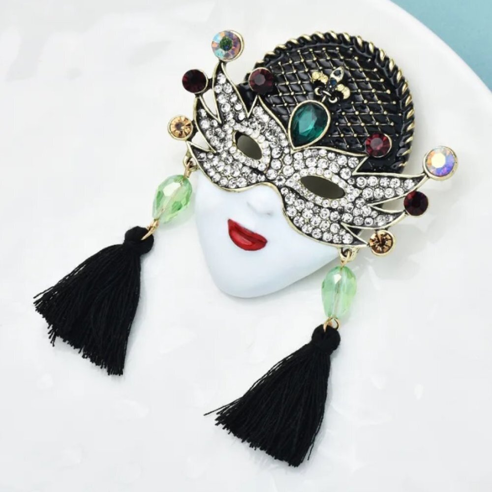 Jewelry pin brooch mask masquerade large gold tone black white sparkly elegant
